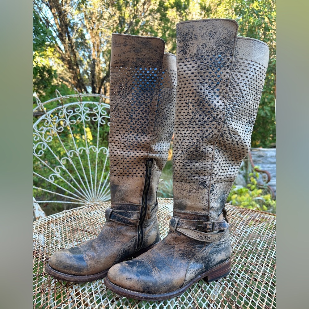 Bed Stu Cobbler Series Biltmore Boots Black Brown Distressed Knee High Sz 7